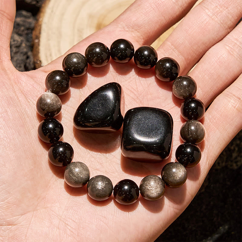 Bracelet Olivenorma en perles d'obsidienne naturelle argentée 6/8/10 mm