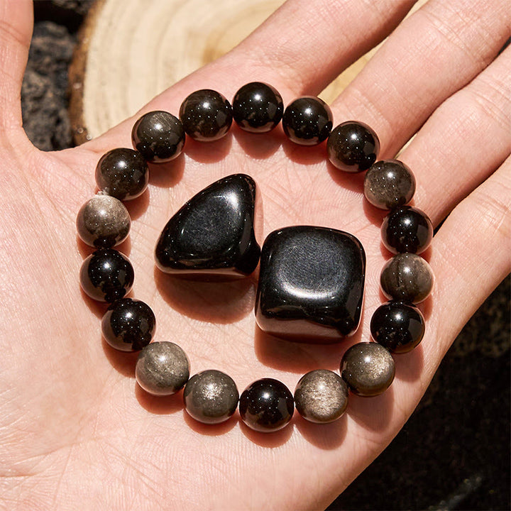 Bracelet Olivenorma en perles d'obsidienne naturelle argentée 6/8/10 mm