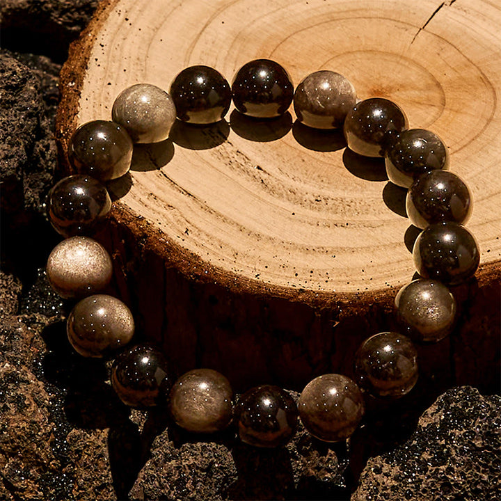 Bracelet Olivenorma en perles d'obsidienne naturelle argentée 6/8/10 mm
