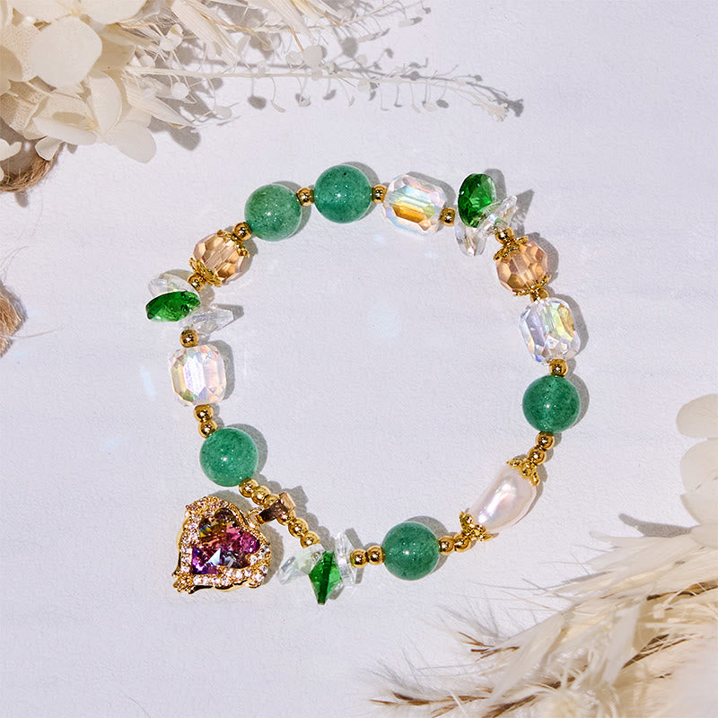 Bracelet pendentif cœur en aventurine verte et verre transparent Olivenorma