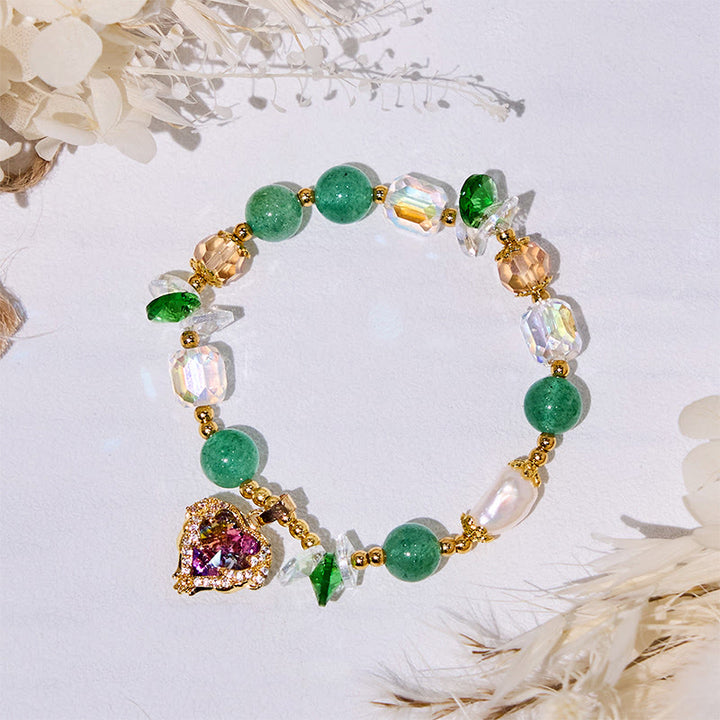 Bracelet pendentif cœur en aventurine verte et verre transparent Olivenorma