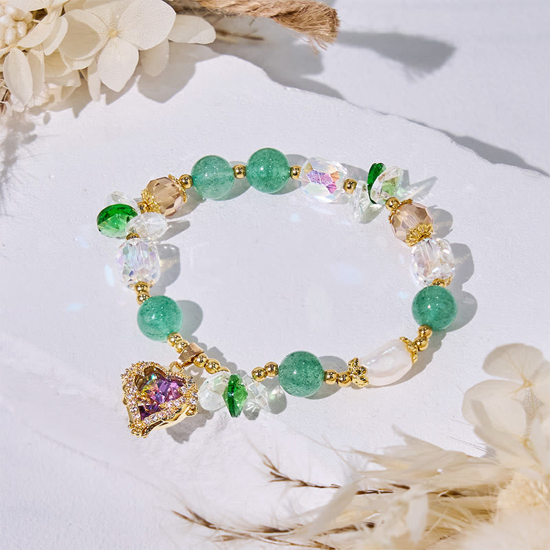 Bracelet pendentif cœur en aventurine verte et verre transparent Olivenorma