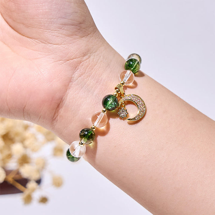 Bracelet pendentif lune en perles de quartz fantôme vert Olivenorma