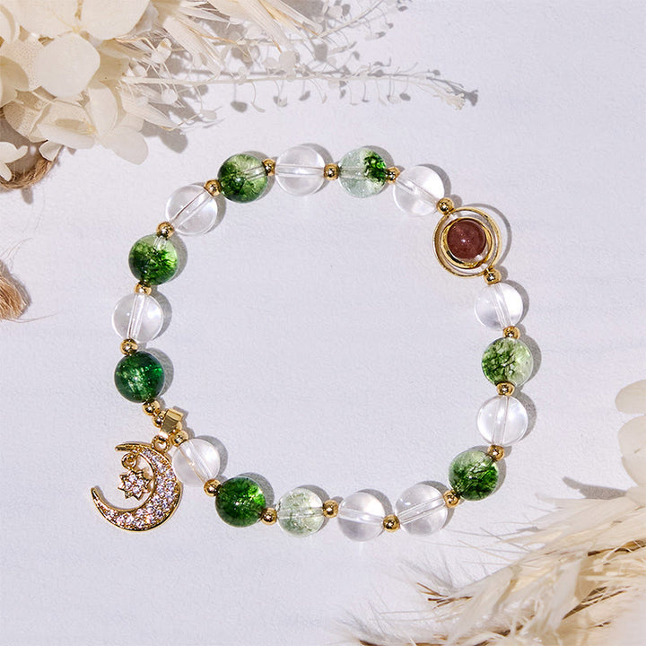 Bracelet pendentif lune en perles de quartz fantôme vert Olivenorma
