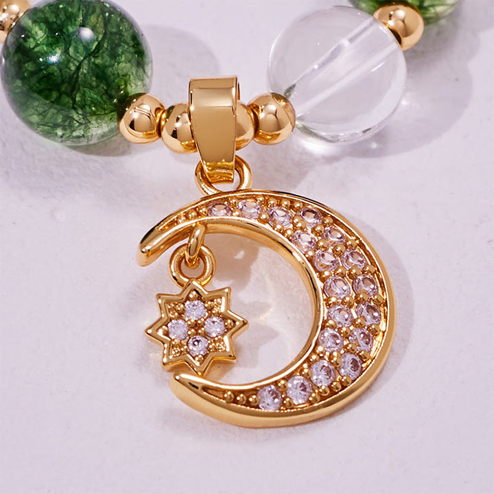 Bracelet pendentif lune en perles de quartz fantôme vert Olivenorma