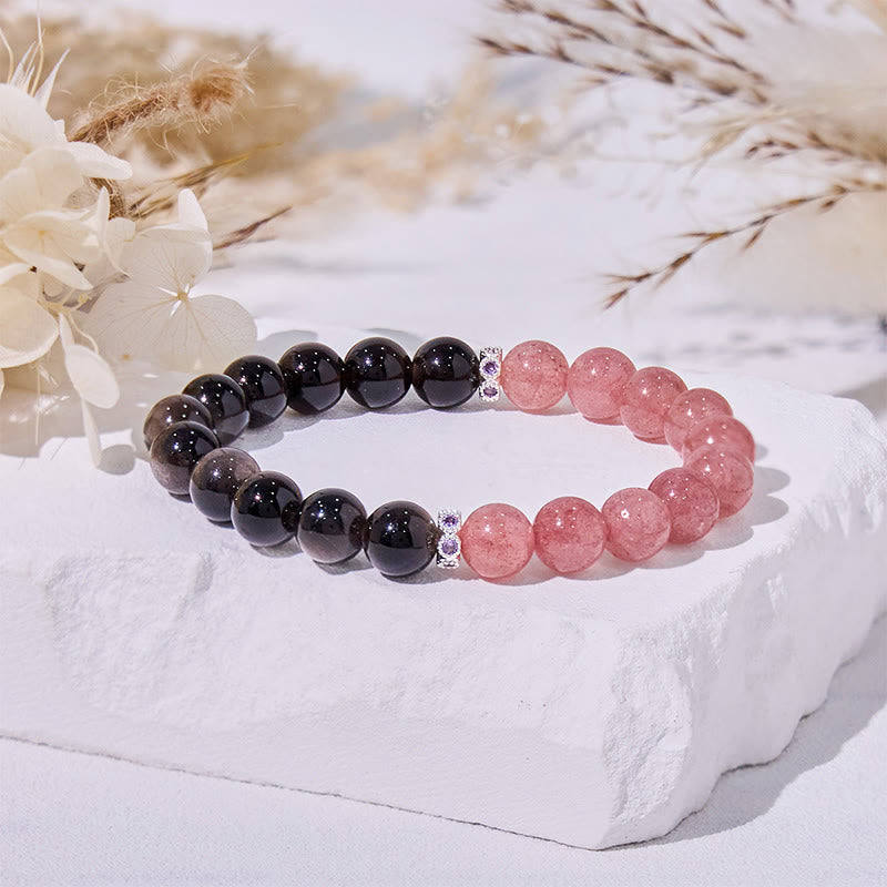 Bracelet de perles en obsidienne argentée et quartz fraise Olivenorma