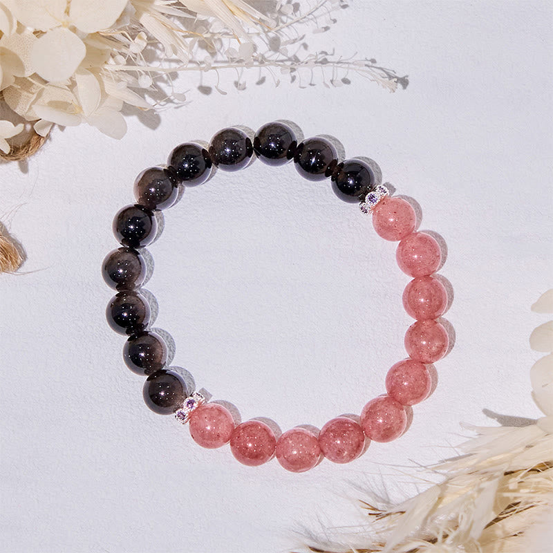 Bracelet de perles en obsidienne argentée et quartz fraise Olivenorma