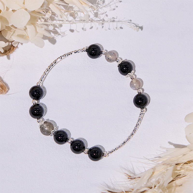Bracelet en alliage de perles d'obsidienne et de labradorite Olivenorma