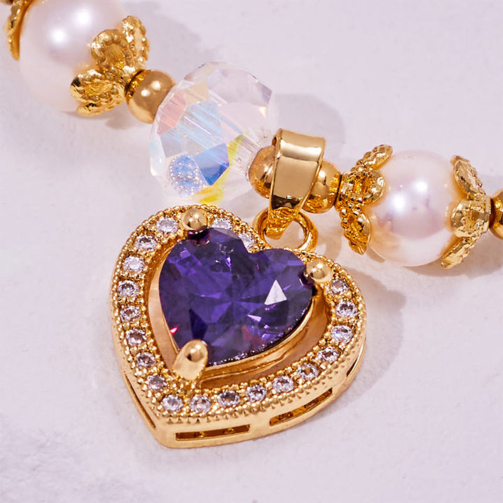 Bracelet pendentif en perles d'eau douce et améthyste en forme de cœur Olivenorma