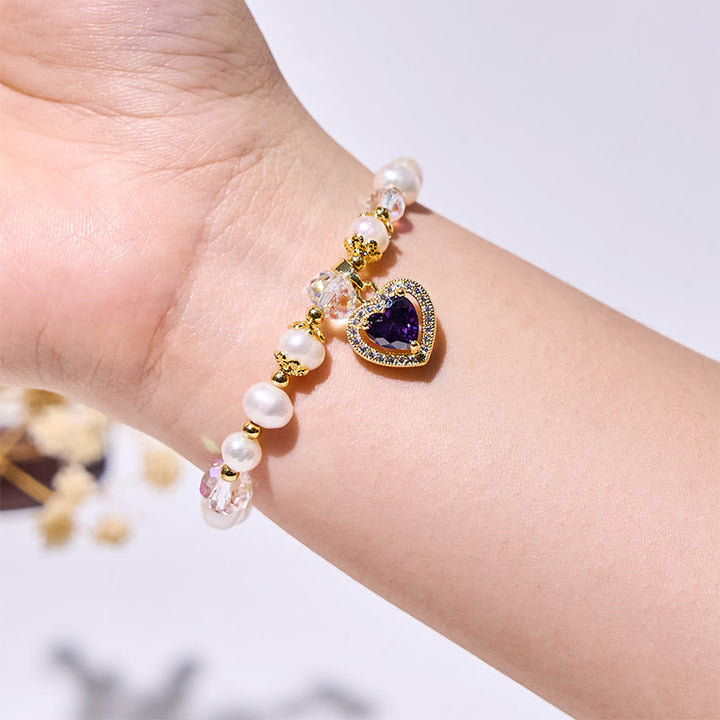 Bracelet pendentif en perles d'eau douce et améthyste en forme de cœur Olivenorma