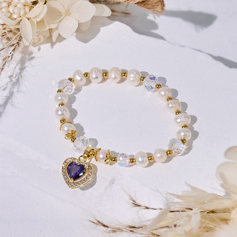 Bracelet pendentif en perles d'eau douce et améthyste en forme de cœur Olivenorma