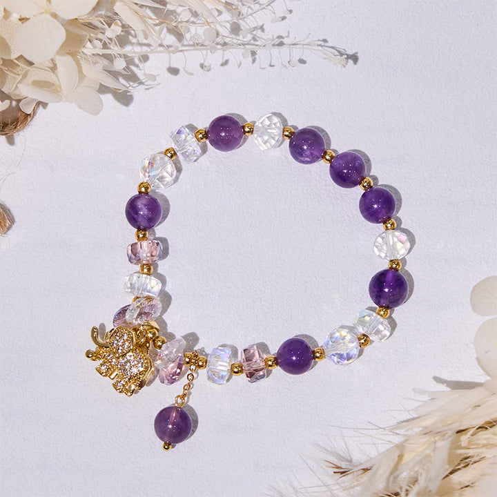 Bracelet pendentif éléphant en perles de verre transparent améthyste Olivenorma