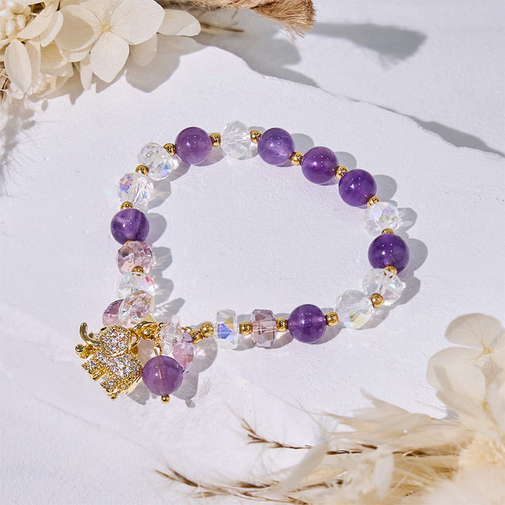 Bracelet pendentif éléphant en perles de verre transparent améthyste Olivenorma