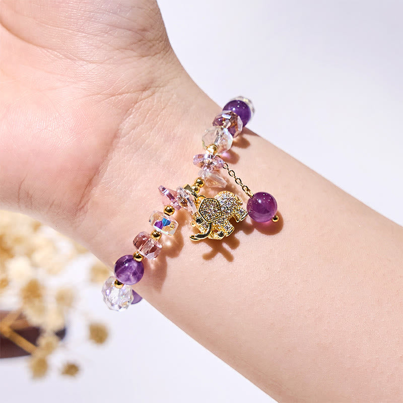 Bracelet pendentif éléphant en perles de verre transparent améthyste Olivenorma