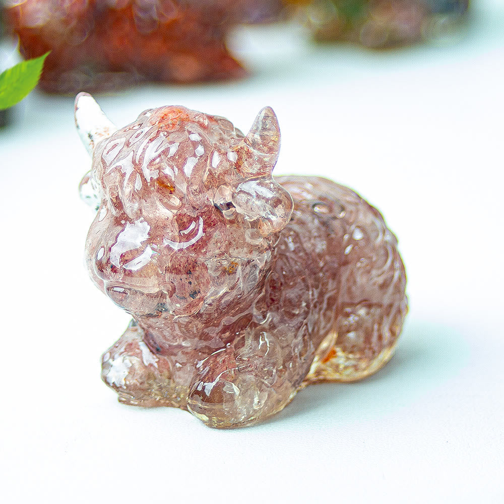 Décoration en pierre précieuse en cristal époxy Olivenorma représentant un bétail des Highlands