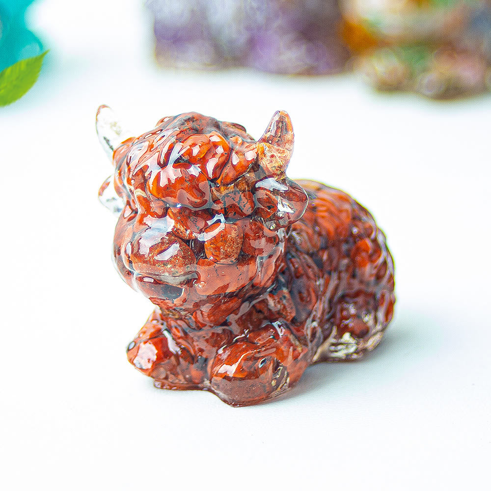 Décoration en pierre précieuse en cristal époxy Olivenorma représentant un bétail des Highlands