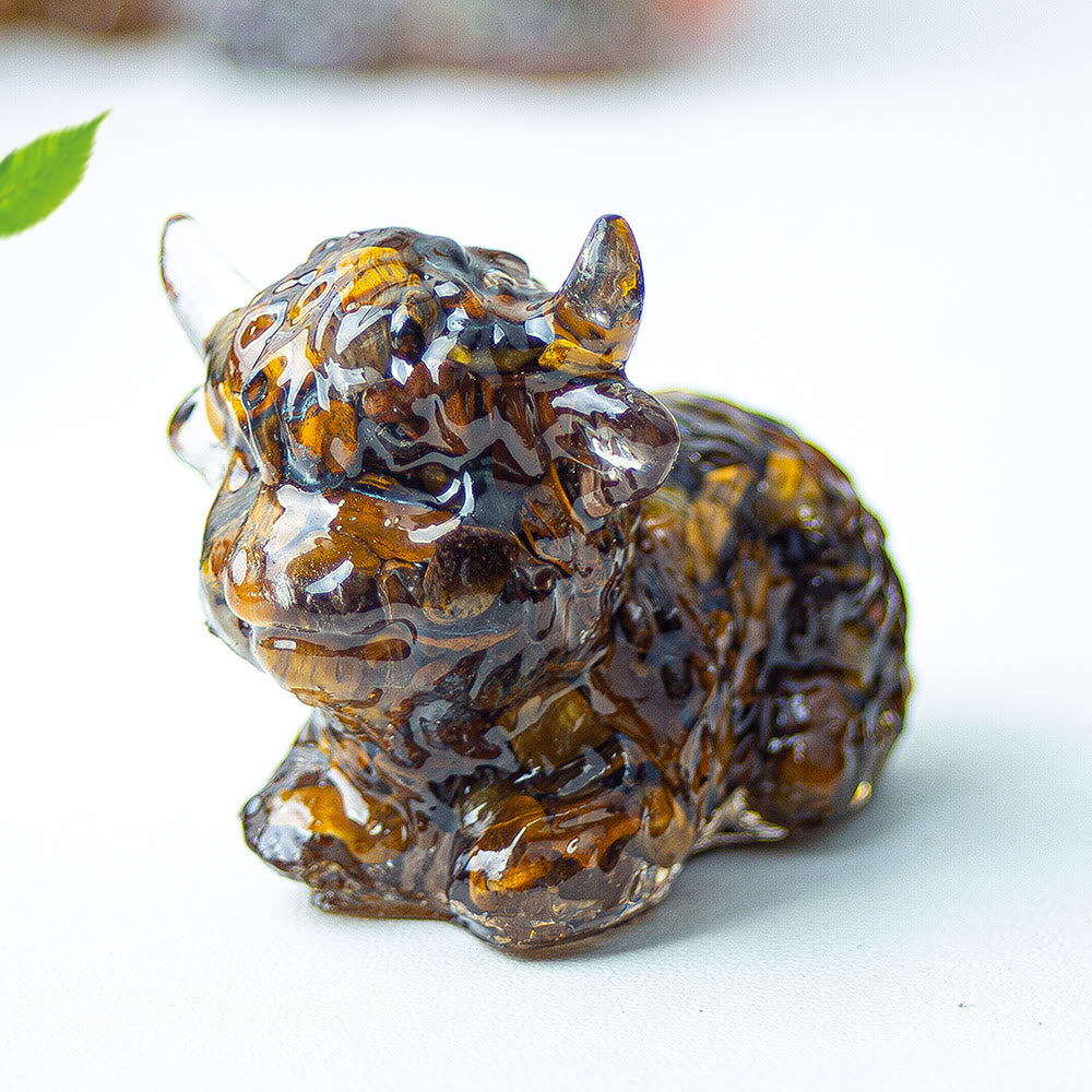 Décoration en pierre précieuse en cristal époxy Olivenorma représentant un bétail des Highlands