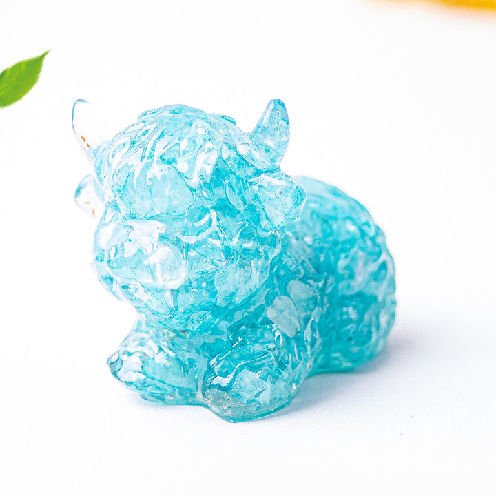 Décoration en pierre précieuse en cristal époxy Olivenorma représentant un bétail des Highlands