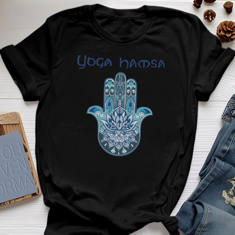 T-shirt confort imprimé Hamsa Yoga bleu Olivenorma