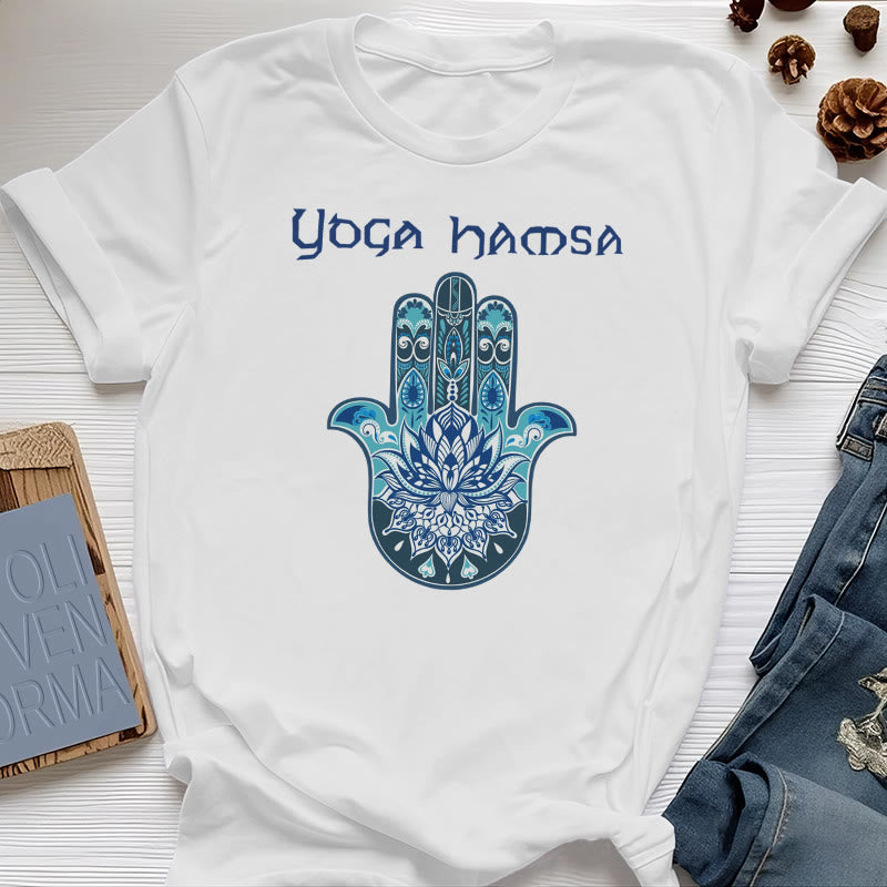 T-shirt confort imprimé Hamsa Yoga bleu Olivenorma