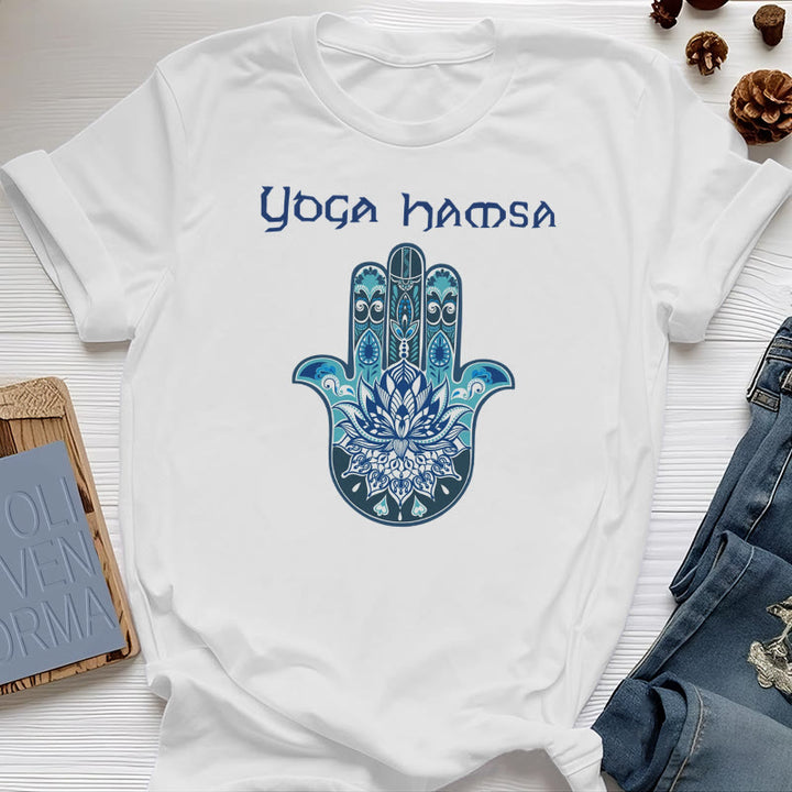 T-shirt confort imprimé Hamsa Yoga bleu Olivenorma