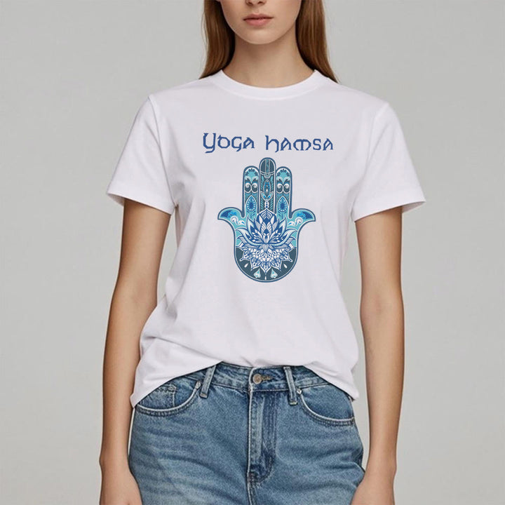 T-shirt confort imprimé Hamsa Yoga bleu Olivenorma