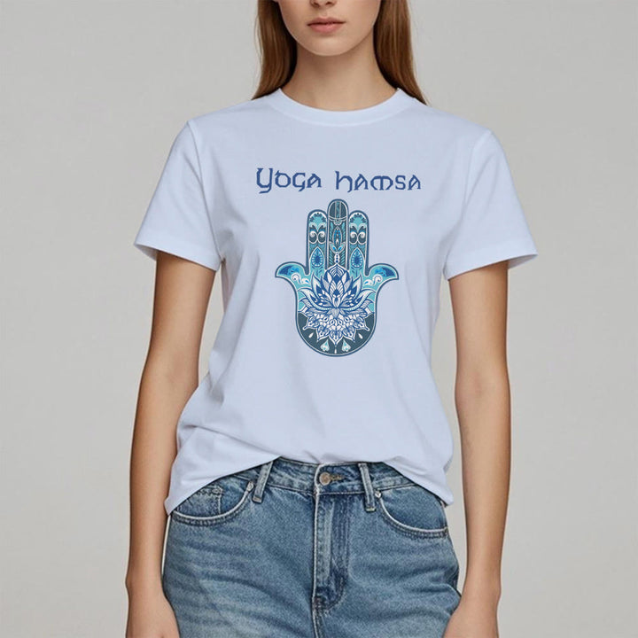 T-shirt confort imprimé Hamsa Yoga bleu Olivenorma