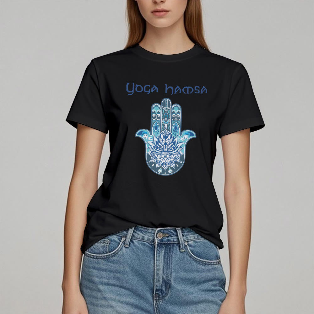 T-shirt confort imprimé Hamsa Yoga bleu Olivenorma
