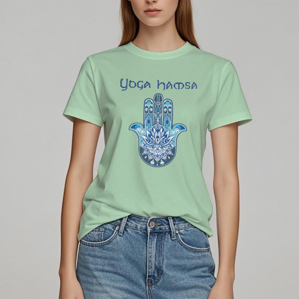 T-shirt confort imprimé Hamsa Yoga bleu Olivenorma