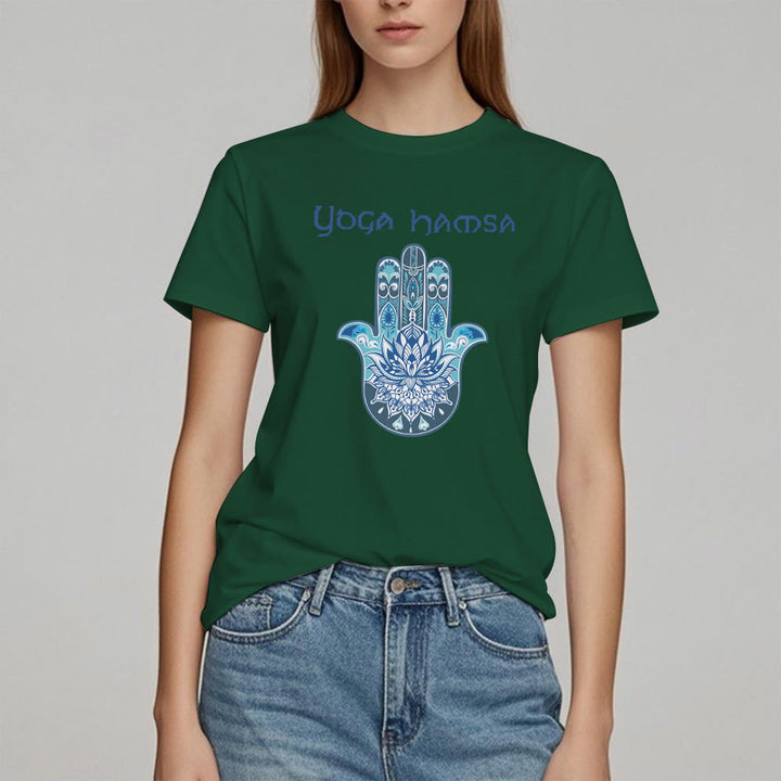 T-shirt confort imprimé Hamsa Yoga bleu Olivenorma