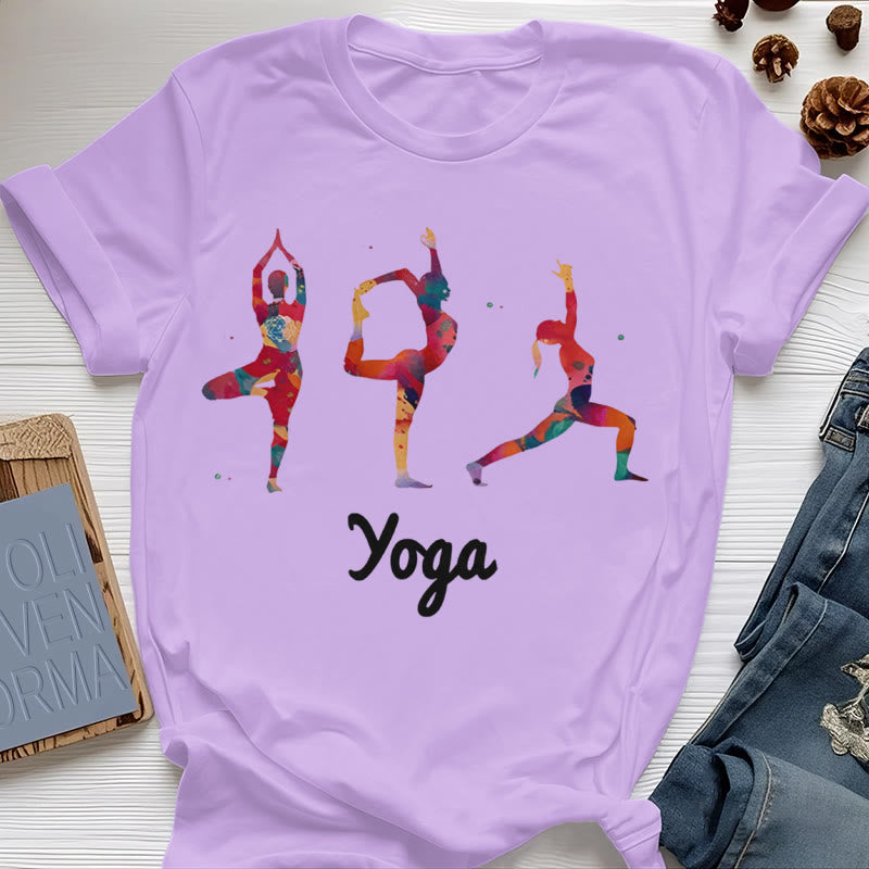 T-shirt imprimé coloré pour femme avec postures de yoga Olivenorma
