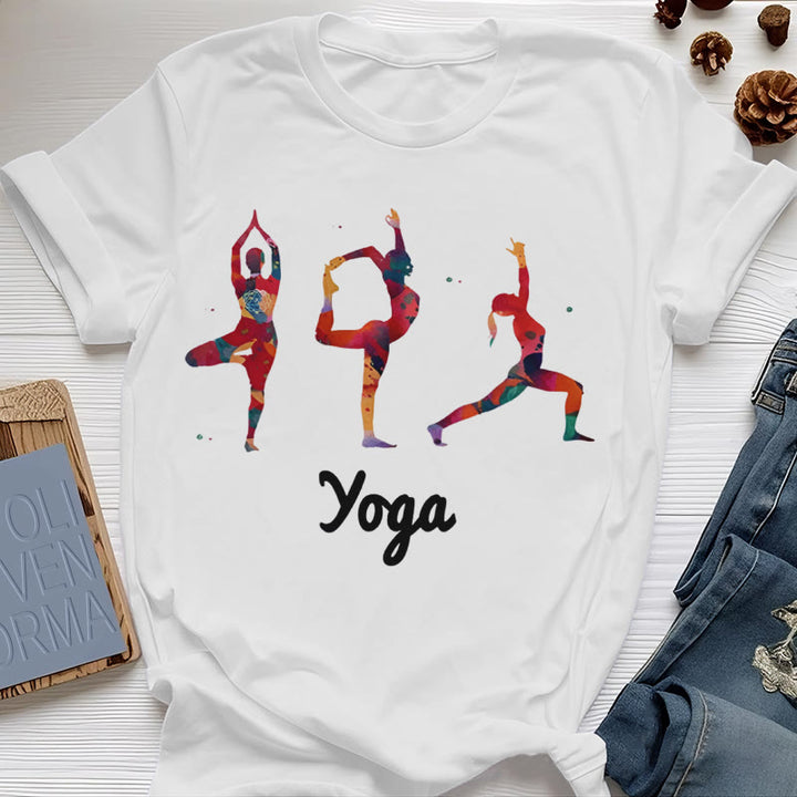 T-shirt imprimé coloré pour femme avec postures de yoga Olivenorma
