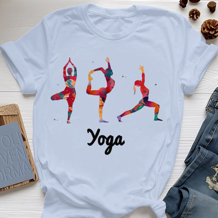 T-shirt imprimé coloré pour femme avec postures de yoga Olivenorma