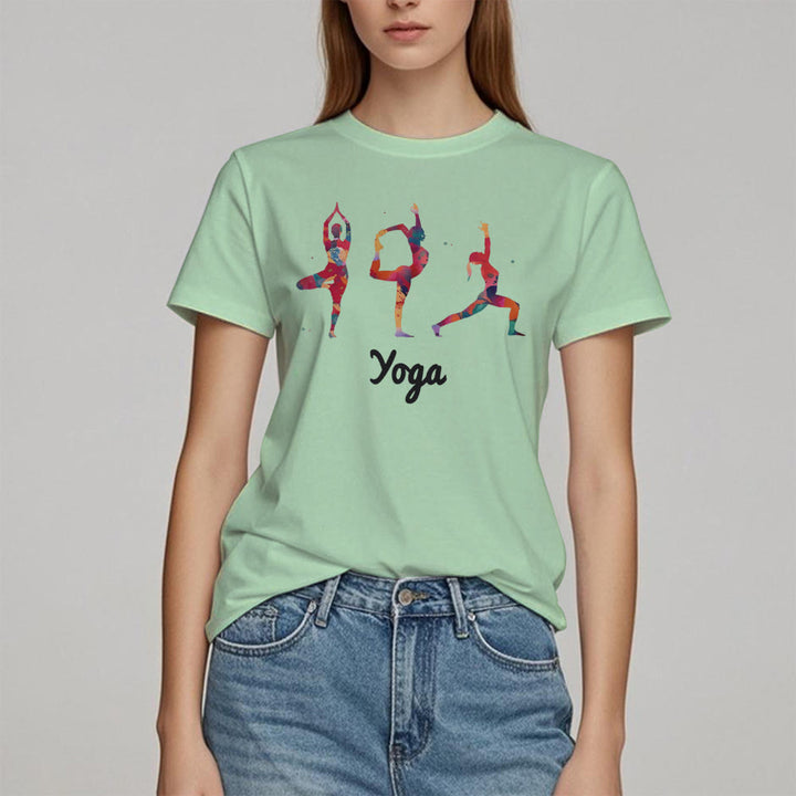 T-shirt imprimé coloré pour femme avec postures de yoga Olivenorma