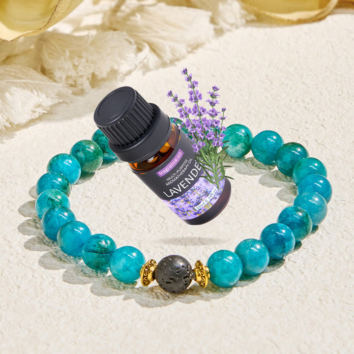 Bracelet Olivenorma « Essence de Balmaara » à l'huile essentielle d'apatite bleue pour le chakra de la gorge - Bracelet + Huile Essentielle de Lavande - image 1
