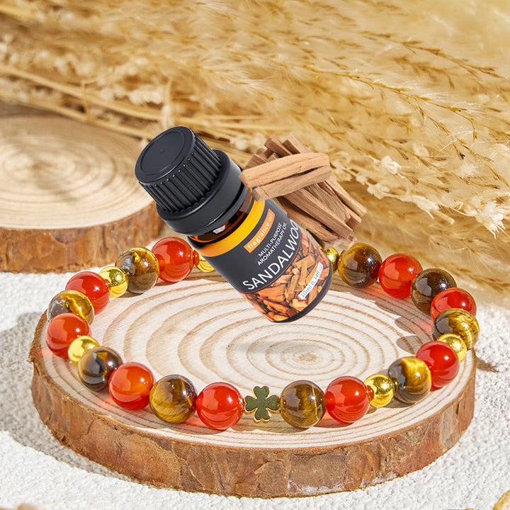 Bracelet Olivenorma « Lucky Clover » en œil de tigre et agate rouge, huile essentielle porte-bonheur - Bracelet + Huile essentielle de bois de santal - image 1