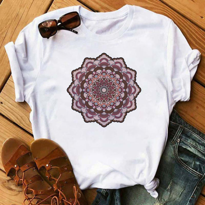 T-shirt blanc imprimé lotus géométrique coloré Olivenorma
