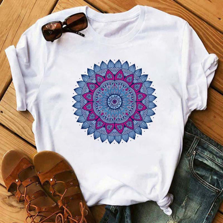 T-shirt blanc imprimé lotus géométrique coloré Olivenorma