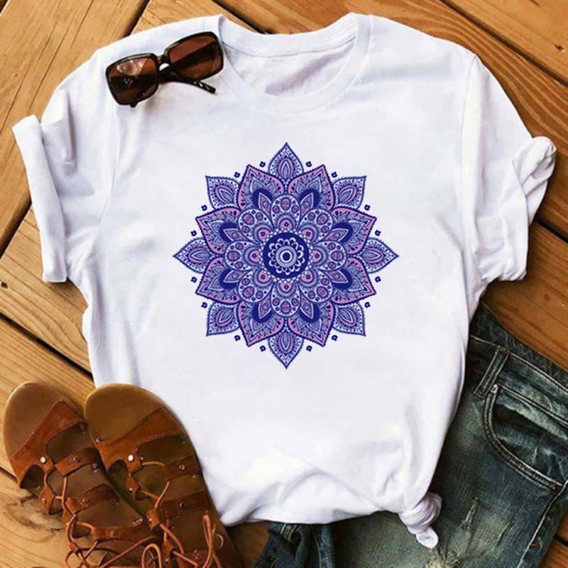 T-shirt blanc imprimé lotus géométrique coloré Olivenorma