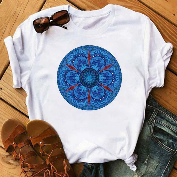 T-shirt blanc imprimé lotus géométrique coloré Olivenorma