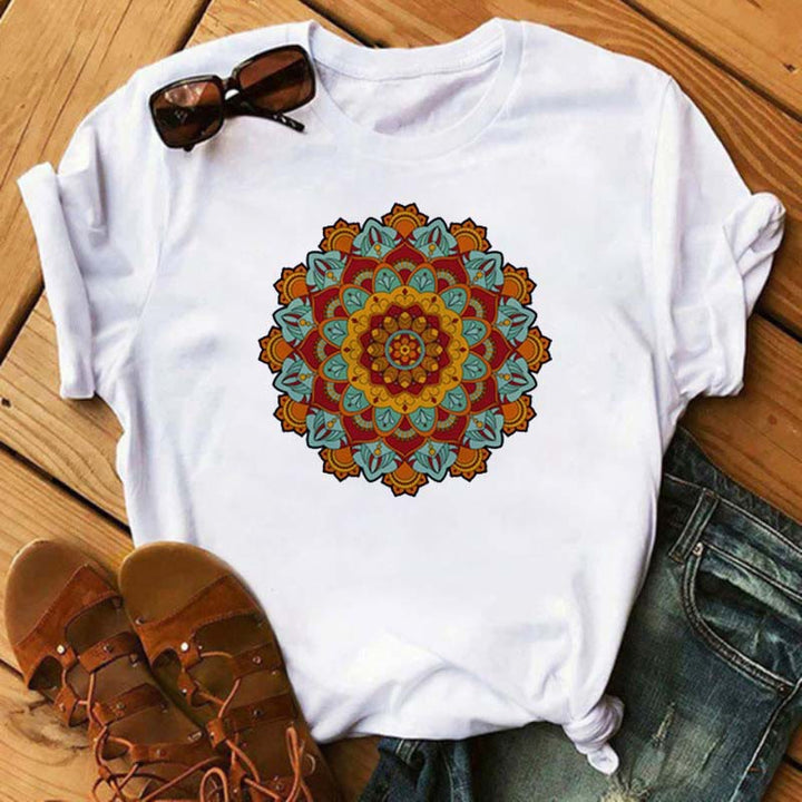 T-shirt blanc imprimé lotus géométrique coloré Olivenorma