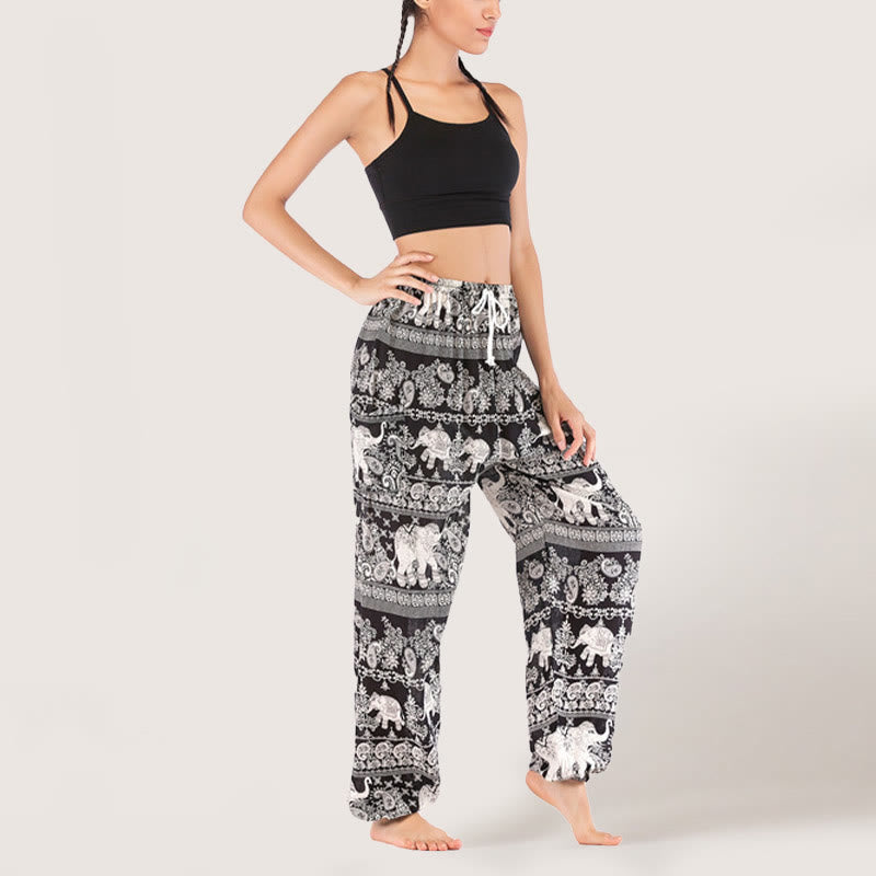 Pantalon de yoga ethnique Olivenorma motif éléphant, sarouel en viscose à taille élastique pour femme