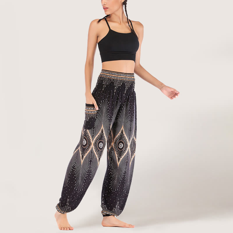 Pantalon sarouel taille élastique en viscose style bohème mandala Olivenorma pour femme