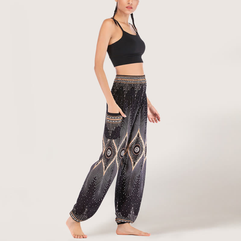 Pantalon sarouel taille élastique en viscose style bohème mandala Olivenorma pour femme