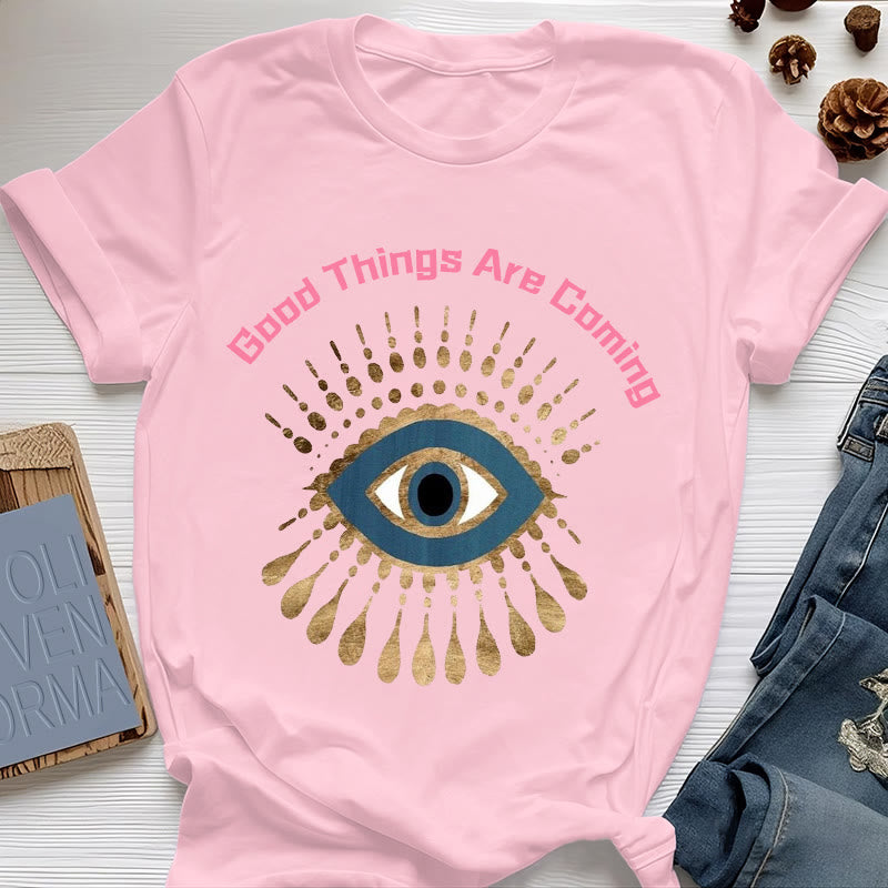 T-shirt Olivenorma « LES BONNES CHOSES ARRIVENT » EVIL EYE - Rose - 2XL - image 1