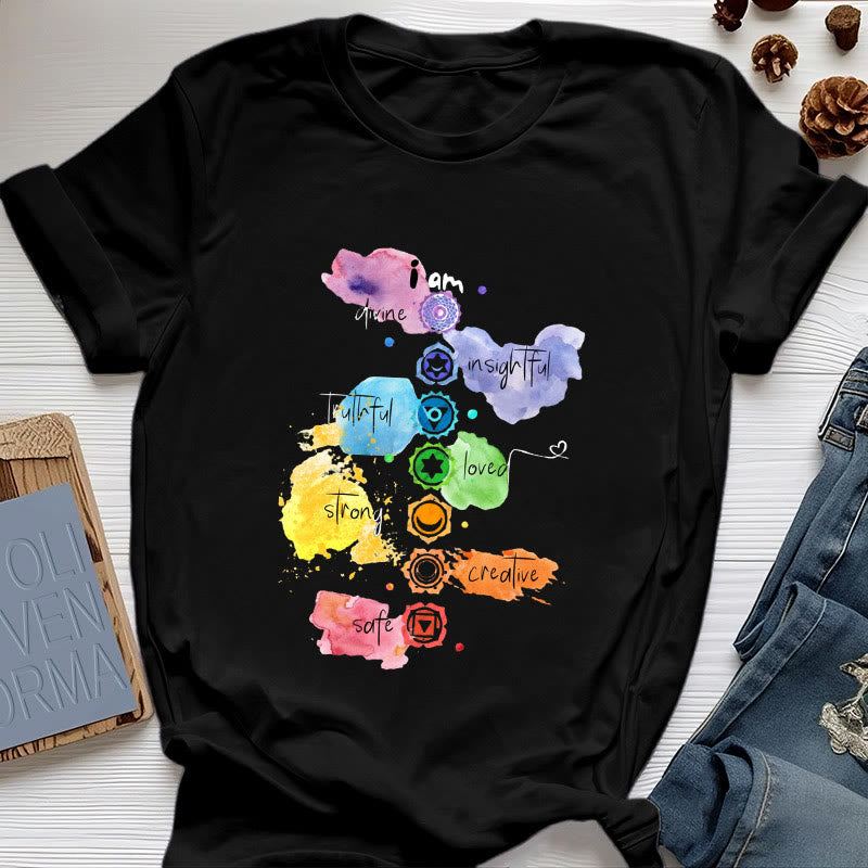 T-shirt de yoga Olivenorma « I AM » avec l'énergie des 7 chakras - Noir - 2XL - image 6