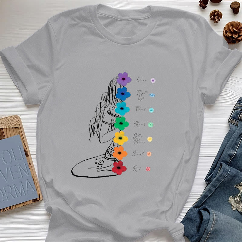 T-shirt Olivenorma Meditation Girl 7 Chakra Flowers - Gris - 2XL - image 8