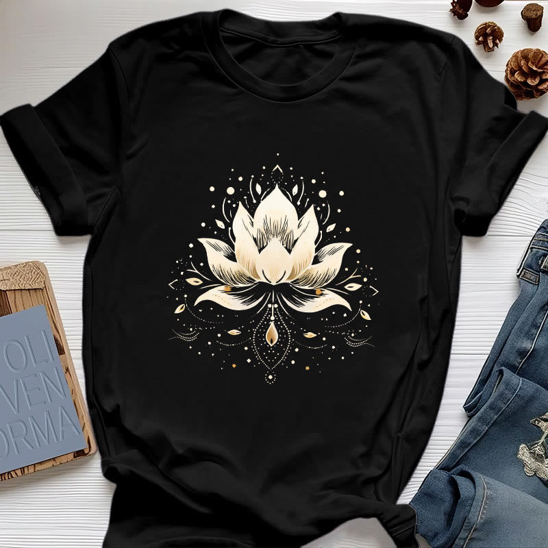 T-shirt en pur coton Olivenorma avec lotus en fleurs - Noir - 2XL - image 1