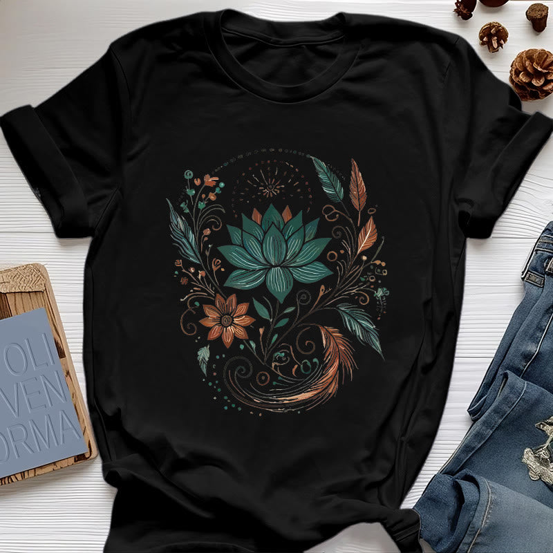 T-shirt de yoga en coton Olivenorma , fleurs et feuilles de lotus - Noir - 2XL - image 8