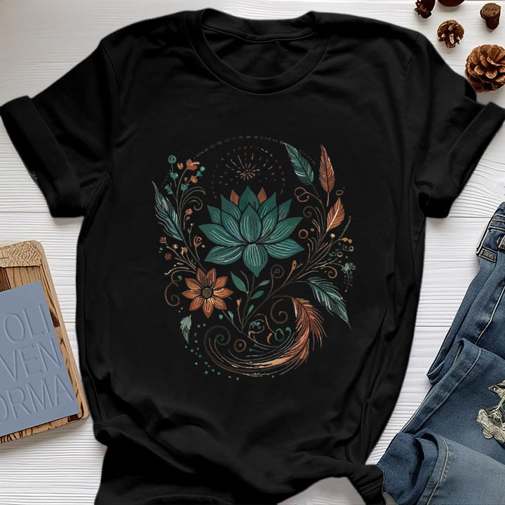 T-shirt de yoga en coton Olivenorma , fleurs et feuilles de lotus - Noir - 2XL - image 8